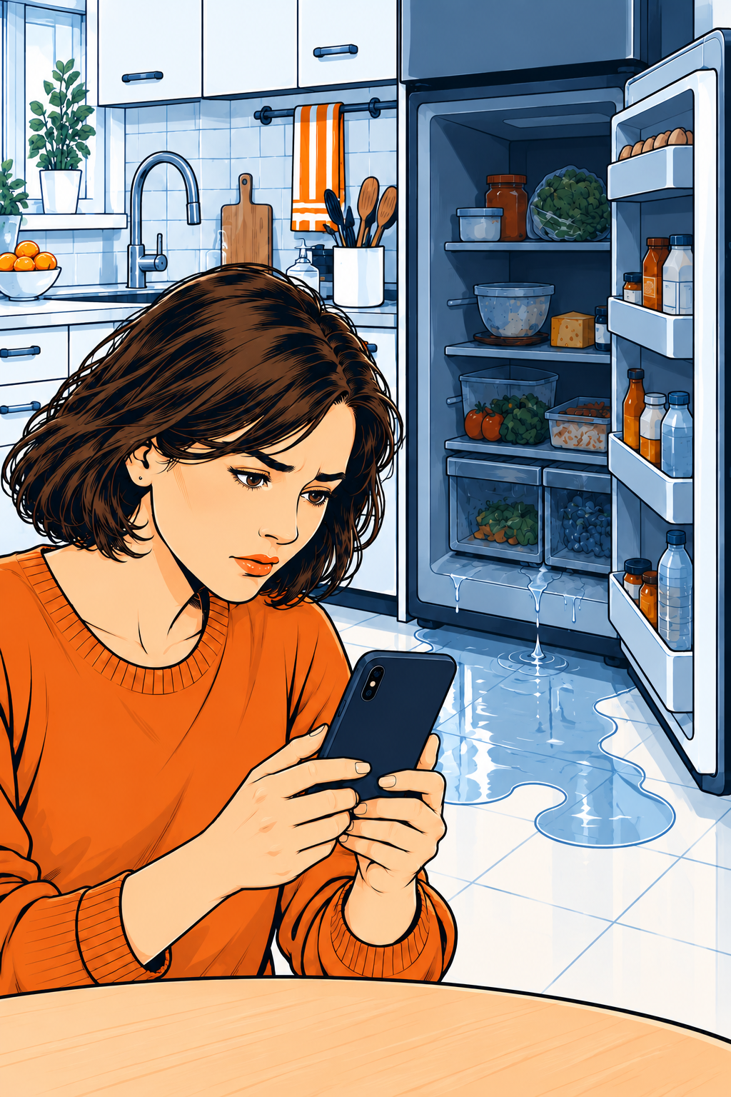 Camille, chez elle devant son frigo en panne, écrit à sa régie.